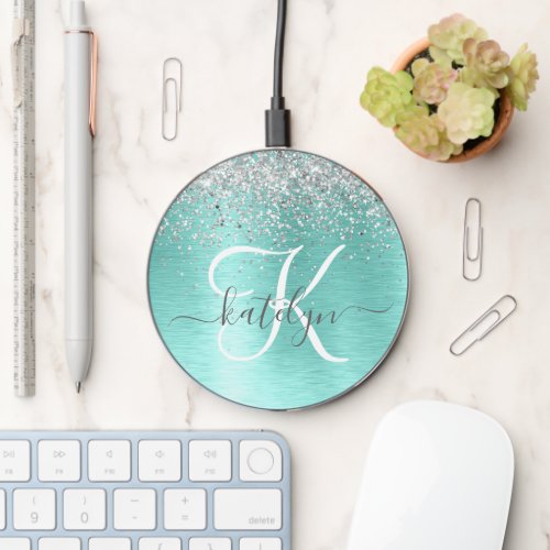Teal Brushed Metal Silver Glitter Monogram Name Wireless Charger