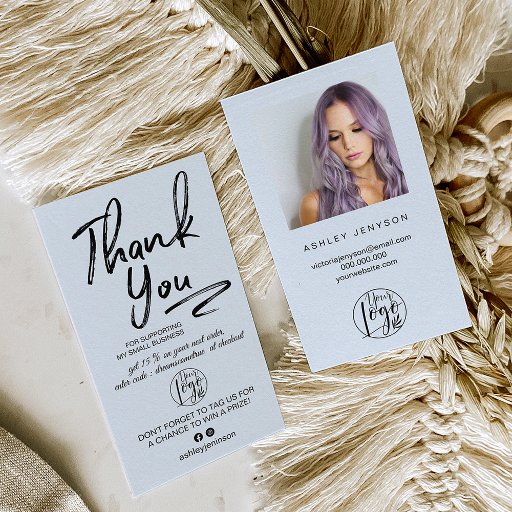 Customizable Teal brushed script photo logo order thank you business card