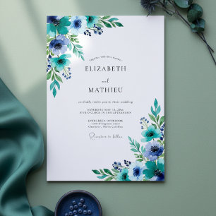 Teal Brushstroke Floral Romance Wedding Invitation