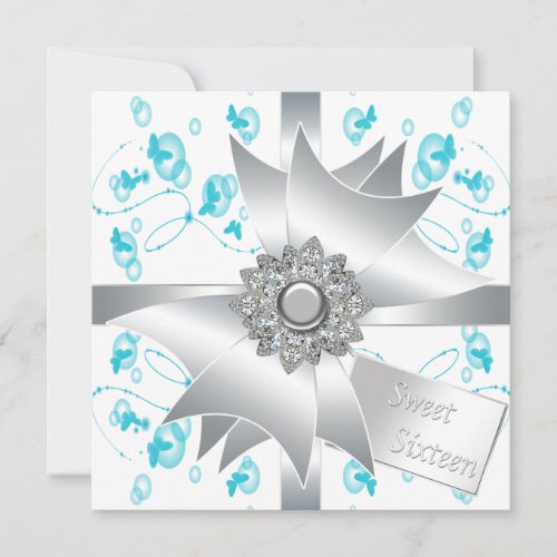 Teal Bubbles Butterflies Sweet 16 Party Custom Invitations
