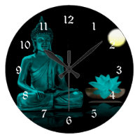 Teal Buddha Meditating Under Full Moon Large Clock