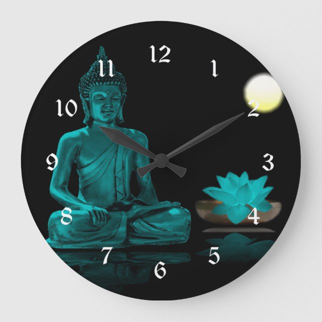 Teal Buddha Meditating Under Full Moon Large Clock (Front)