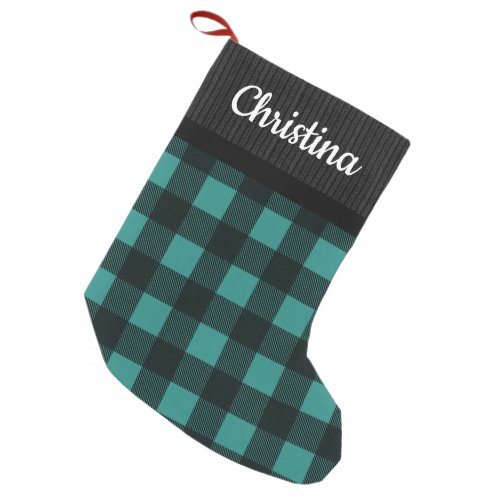 Teal Buffalo Check Sweater Pattern Country Name Small Christmas Stocking