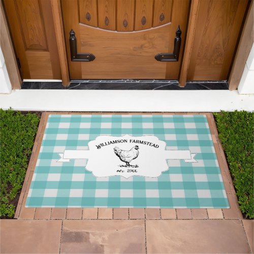 Teal Buffalo Plaid Farm Chicken Doormat