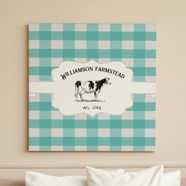 Teal Buffalo Plaid Farm Cow Canvas Print (Teal Buffalo Plaid Farm Cow Canvas Print)