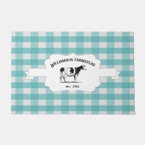 Teal Buffalo Plaid Farm Cow Doormat