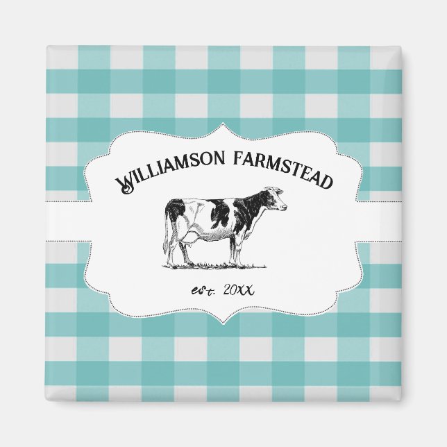 Teal Buffalo Plaid Farm Cow Magnet (Front)