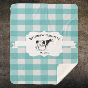 Teal Buffalo Plaid Farm Cow Sherpa Blanket