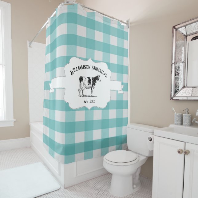 Teal Buffalo Plaid Farm Cow Shower Curtain (In Situ)
