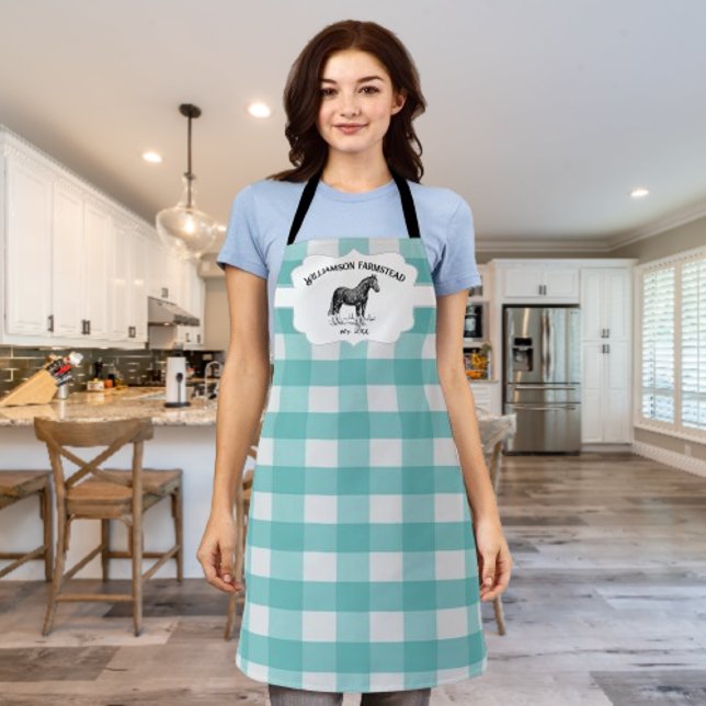 Teal Buffalo Plaid Farm Horse Apron (Teal Buffalo Plaid Farm Horse Personalized Apron)