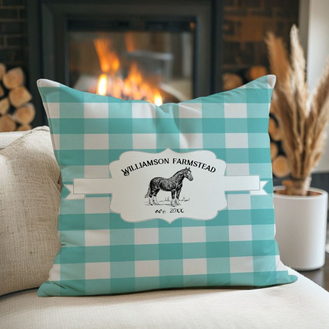 Teal Buffalo Plaid Farm Horse Throw Pillow (Teal Buffalo Plaid Farm Horse Throw Pillow)