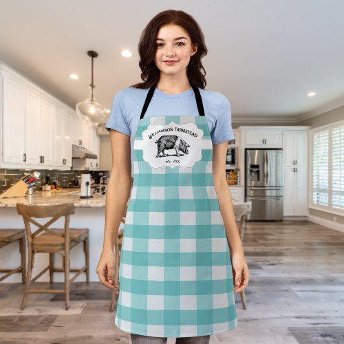 Teal Buffalo Plaid Farm Pig Apron