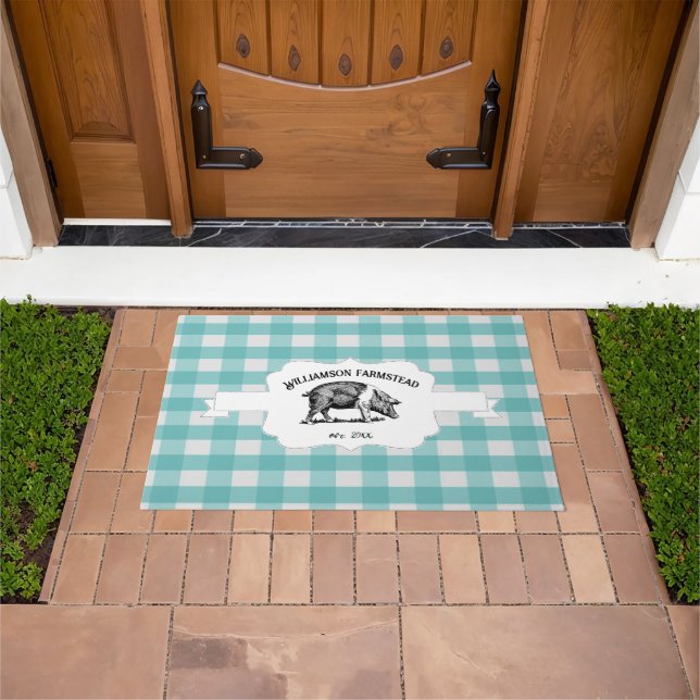 Teal Buffalo Plaid Farm Pig Doormat (Outdoor)