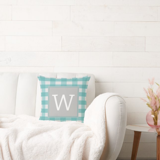 Teal Buffalo Plaid Monogram Throw Pillow (Couch)