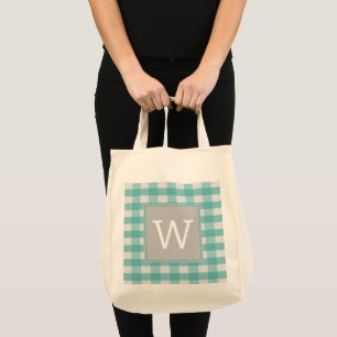 Teal Buffalo Plaid Monogram Tote Bag