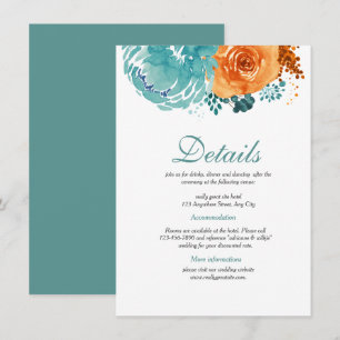 Teal Bunrt Orange Floral Fall Wedding Details Enclosure Card
