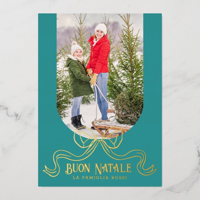 Teal Buon Natale Simple Modern Coquette Bow Photo Foil Holiday Card (Front)