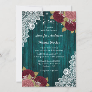 Teal Burgundy and Blush Floral Wedding Invitations