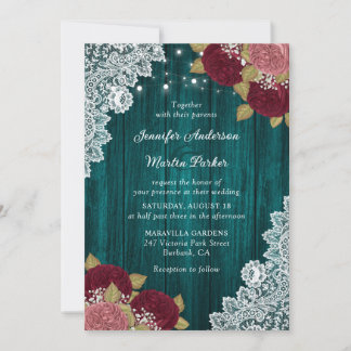 Teal Burgundy and Blush Floral Wedding Invitations