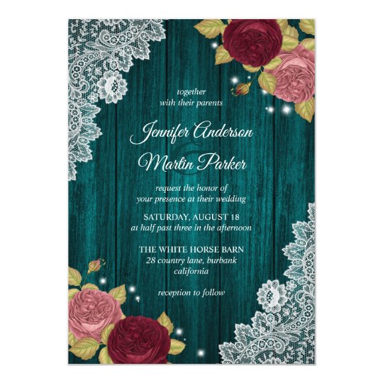 Teal Burgundy and Blush Floral Wedding Invitations