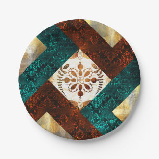Teal, Burgundy and Gold Geometric Damask Paper Plates