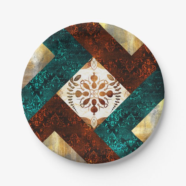 Teal, Burgundy and Gold Geometric Damask Paper Plates (Front)