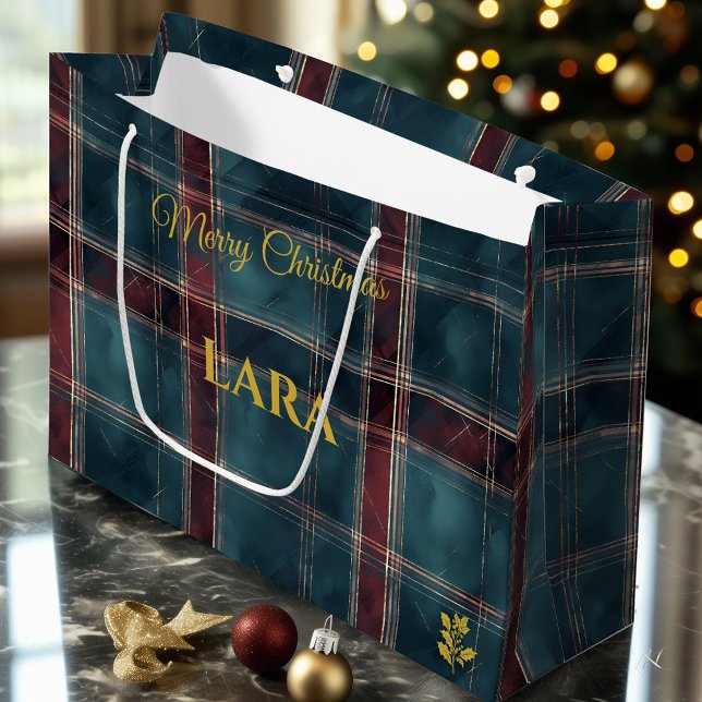 Teal, Burgundy, and Gold Plaid Christmas Custom Large Gift Bag (Creator Uploaded)