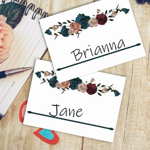 Teal, Burgundy, Beige Roses Name Place Card