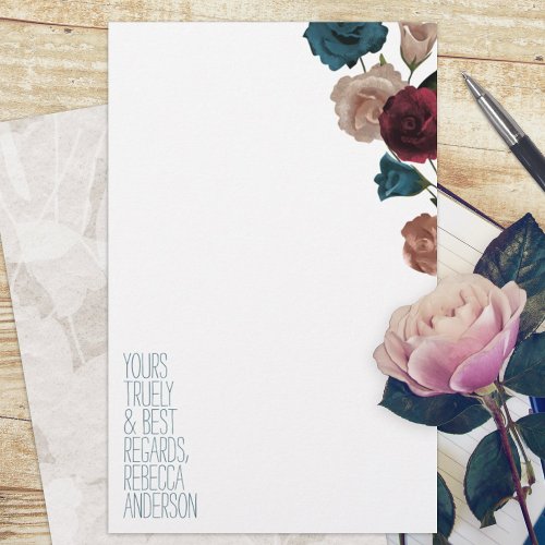 Teal Burgundy Beige Roses Personal Stationary