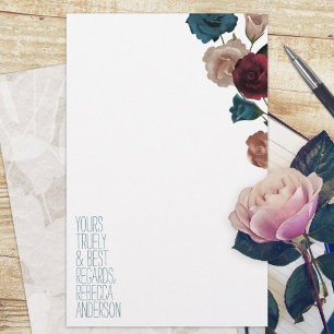 Teal, Burgundy, Beige Roses Personal Stationery