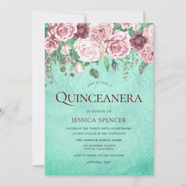 Teal Burgundy & Blush Quinceanera Party Invite (Front)