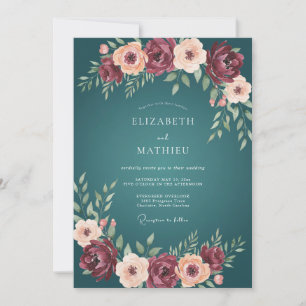 Teal Burgundy Botanical Watercolor Wedding Invitation