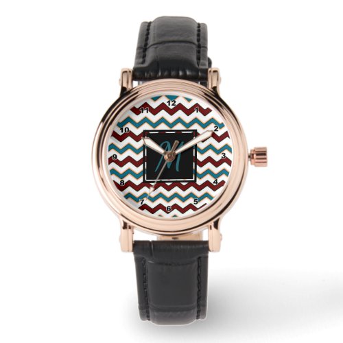 Teal Burgundy Chevron Monogram Acrylic Wrist Watch