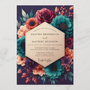 Teal & Burgundy Decadent Floral Wedding Invitation