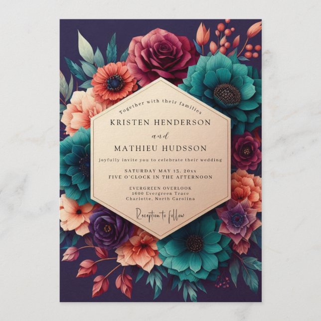 Teal & Burgundy Decadent Floral Wedding Invitation (Front)