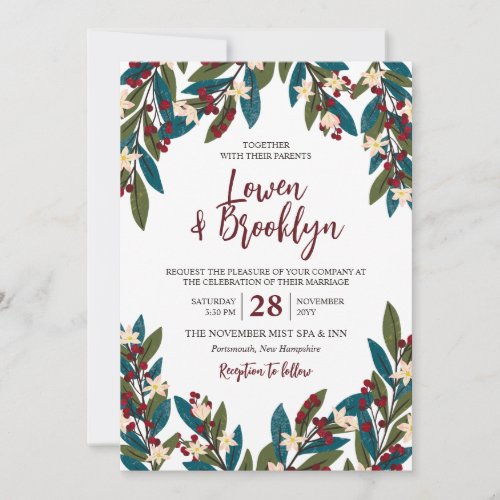 Teal  Burgundy Floral Berry Twigs Wedding Invitation