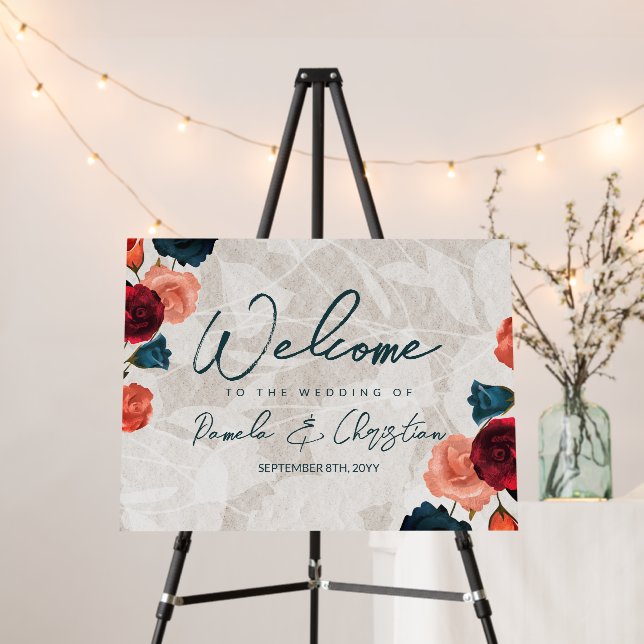 Teal, Burgundy, Garden Roses Wedding Welcome Sign (In Situ (Stand))