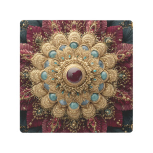 Teal Burgundy Gold Jeweled Mandala Ornate Metal Print