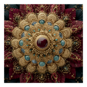 Teal Burgundy Gold Jeweled Mandala Ornate Poster