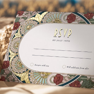 Teal Burgundy Gold RSVP Reply Vintage Art Nouveau Foil Holiday Postcard