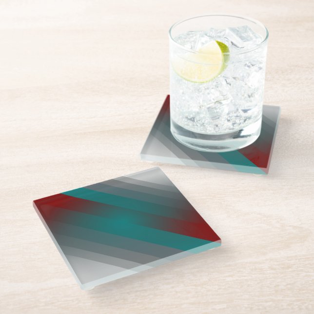 teal burgundy gray stripes glass coaster (Angled)
