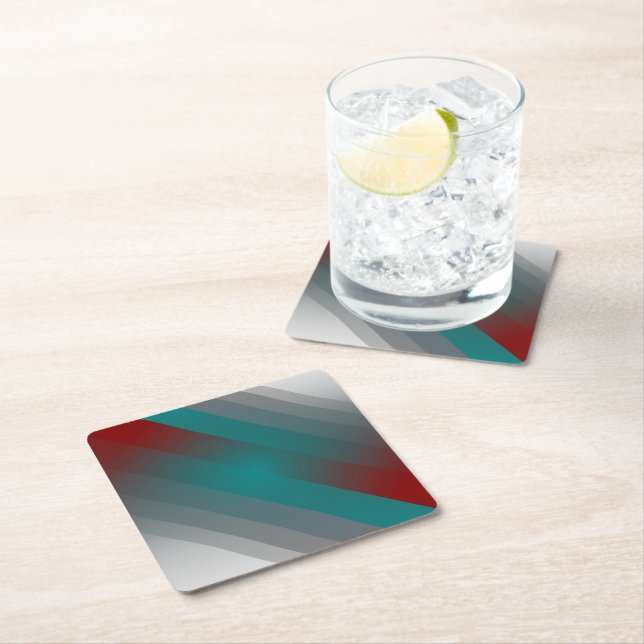 teal burgundy gray stripes square paper coaster (Insitu)