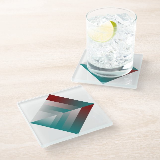 teal burgundy gray triangles glass coaster (Angled)