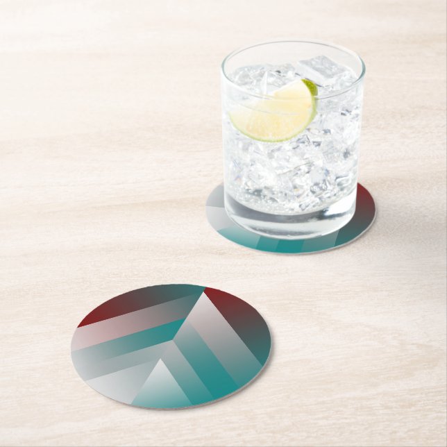 teal burgundy gray triangles round paper coaster (Insitu)