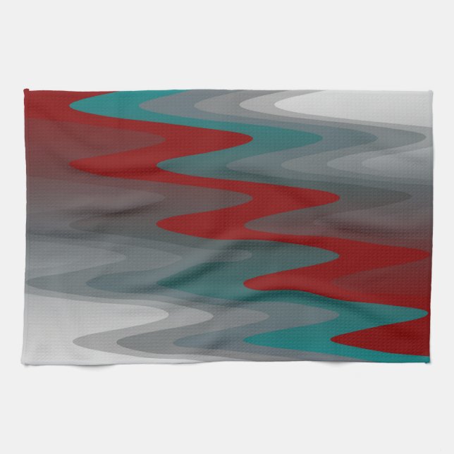 teal burgundy gray waves kitchen towel (Horizontal)