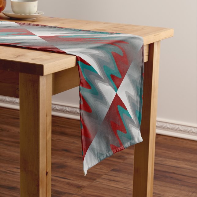 teal burgundy gray waves long table runner (In Situ)