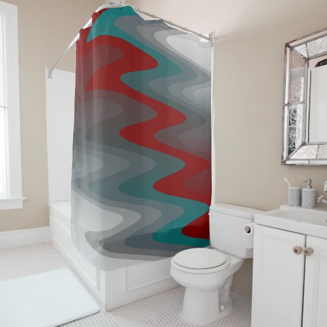 teal burgundy gray waves shower curtain (In Situ)