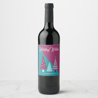 Teal Burgundy Holiday Wishes Christmas Trees Wine Label