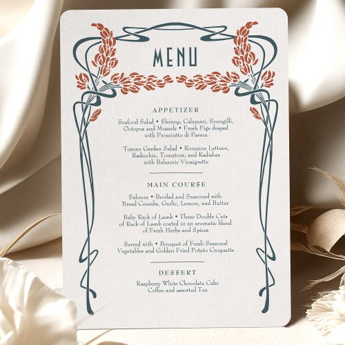 Teal Burgundy Menu Card Wedding Art Nouveau Retro