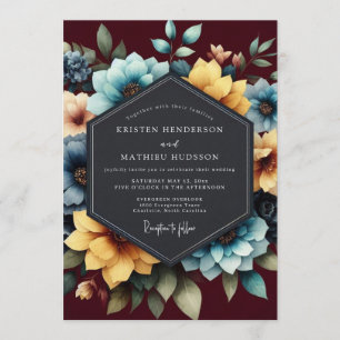 Teal & Burgundy Painterly Bloom Wedding Invitation